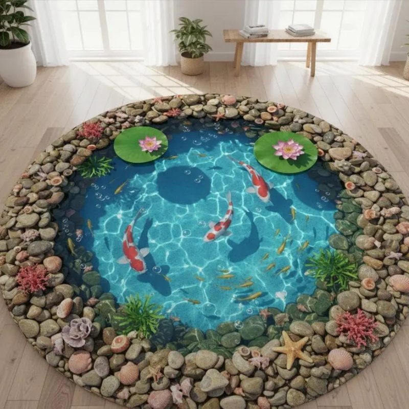 Home Goods Bathroom Rugs - 2D Visual Koi Fish Pond Round
