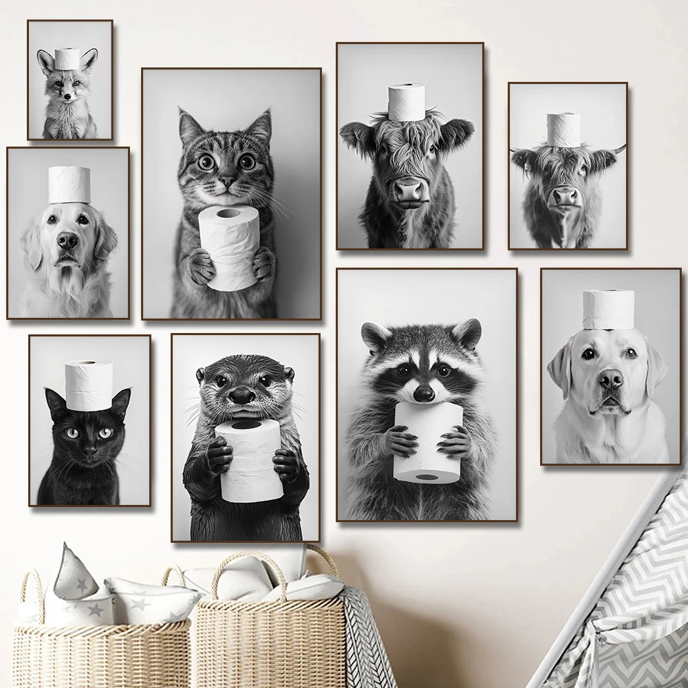 Home Bathroom Wallpaper - Highland Cow Otter Cat Raccoon with