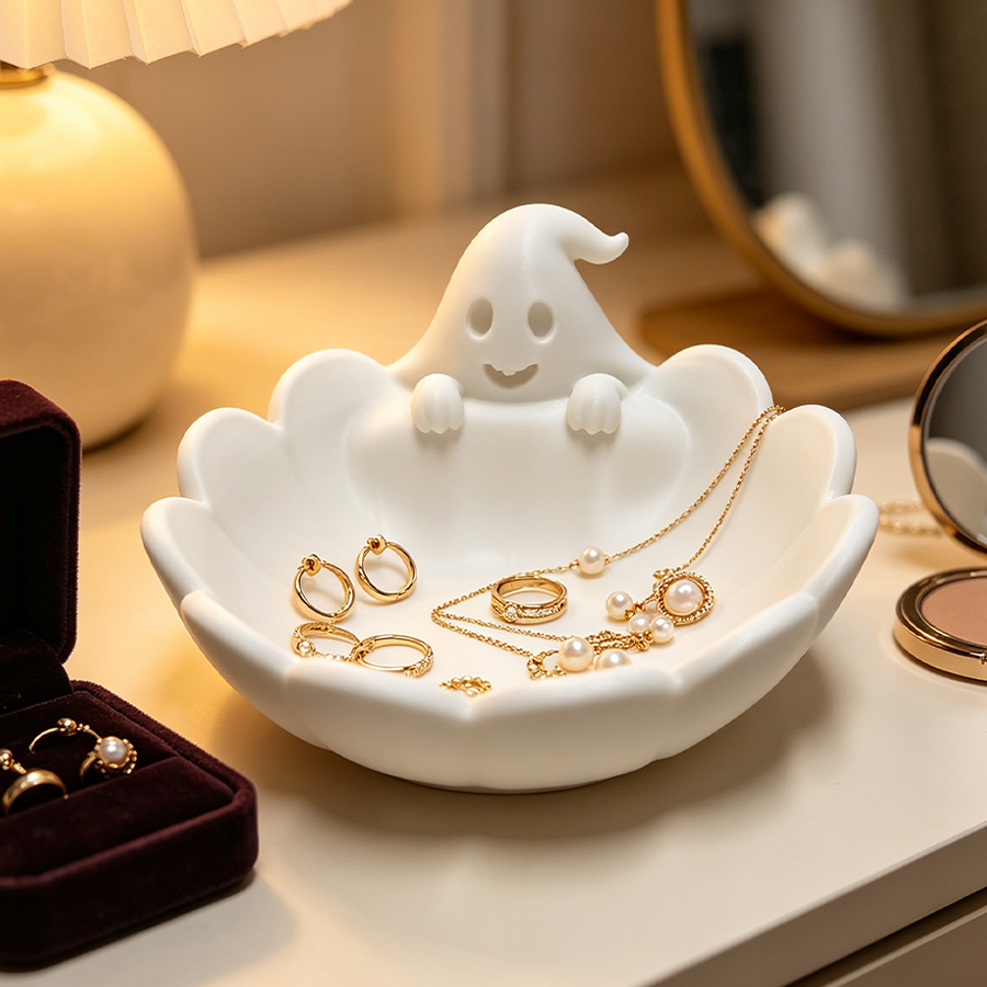 Home Essentials Bathroom Cabinet - Matte White Soft-Touch Ghost-Shaped Jewelry Tray