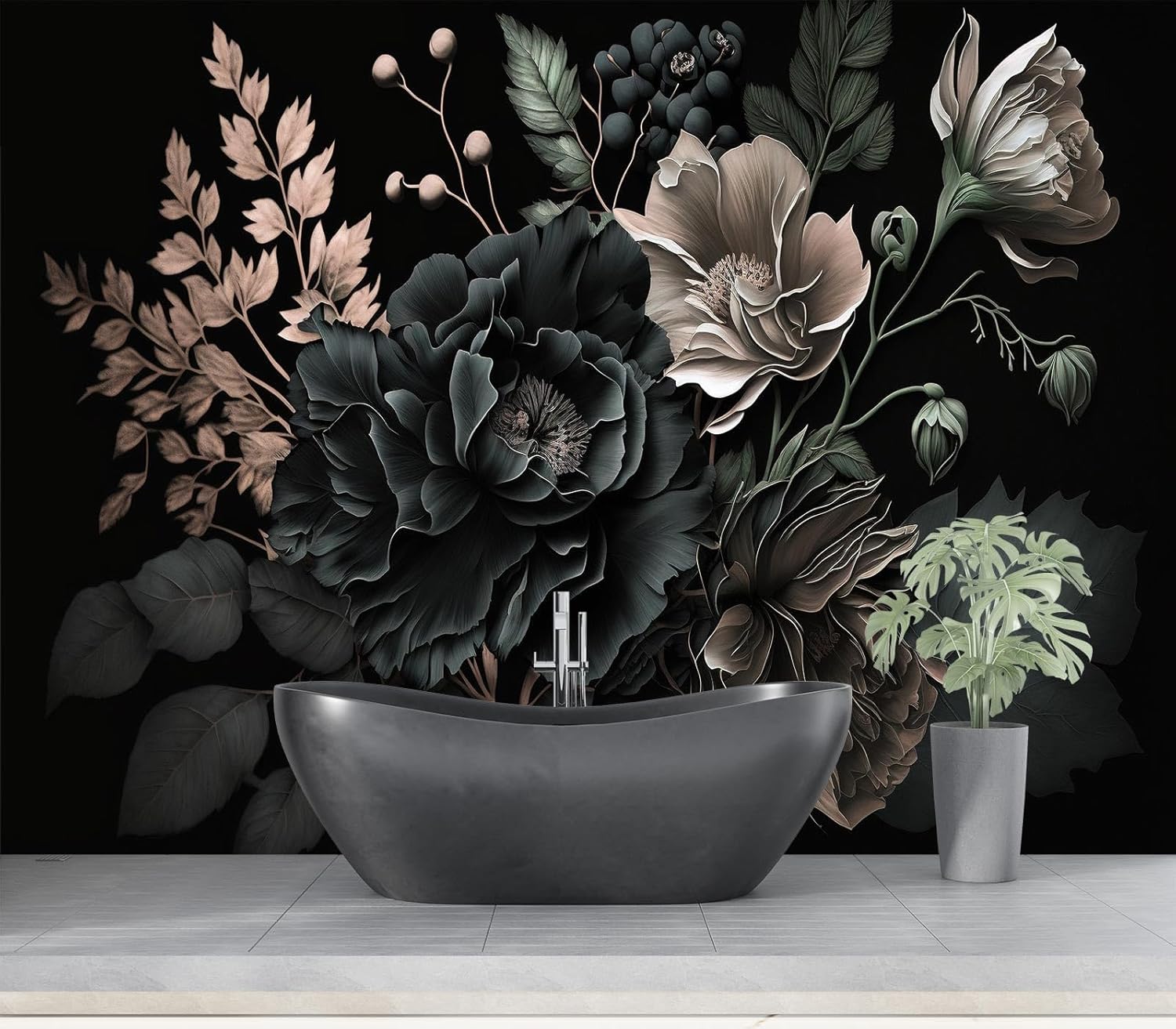 Home Bathroom Wallpaper - Dramatic Dark Floral Botanical Peony Tapestry